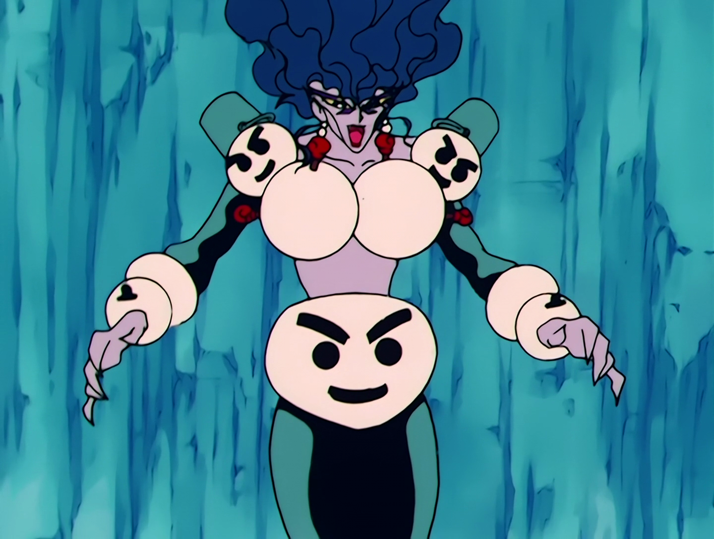Blizzar, a Youma from Sailor Moon episode 38. She has pale lilac skin and long blue hair. Her top consists of two snowmen with buckets on their heads, and she also wears a large snowman head on her lower body. She has turquoise sleeves and pants, but honestly it’s hard to focus on anything besides the snowmen.